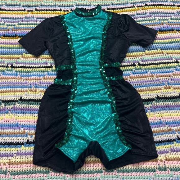 70s/80s teal/black sequin bodysuit romper - Picture 2 of 8